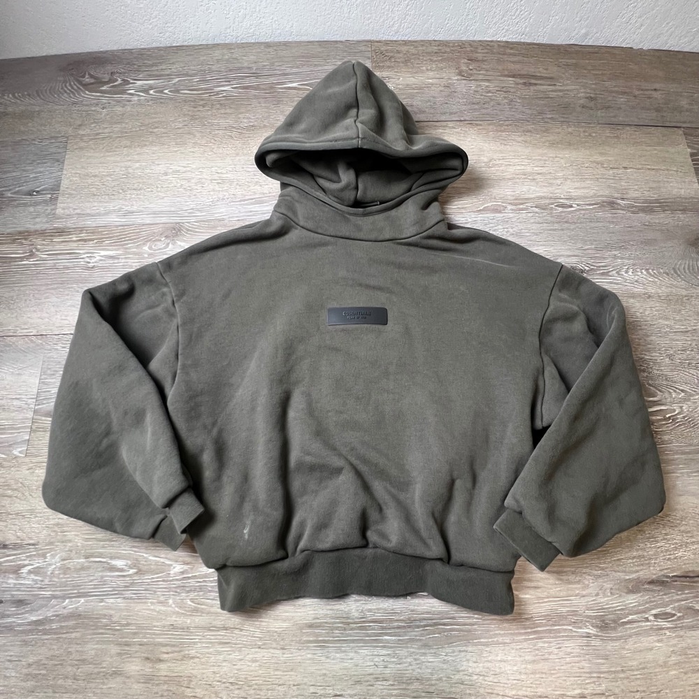 Fear of God Essentials Hoodie Kids Size 8 Dark Olive Boxy Pullover Sweatshirt